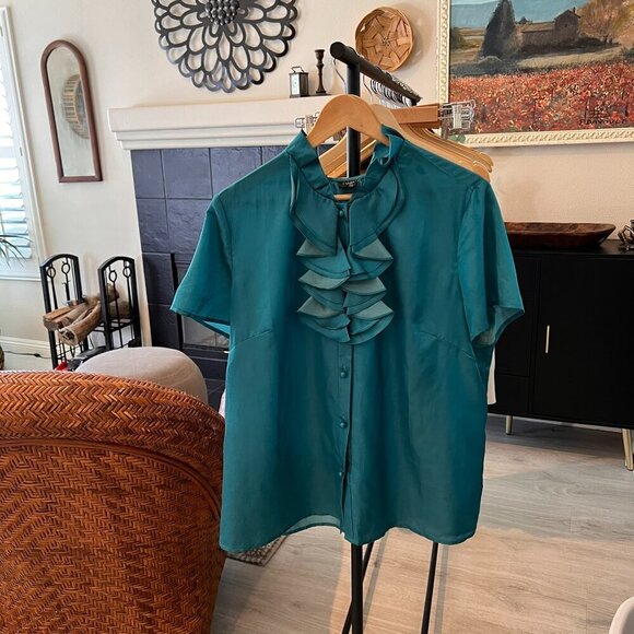 Talbots Top Womens Size 14W Dark Teal Ruffle Silk Blend Button Down Blouse - Picture 16 of 16